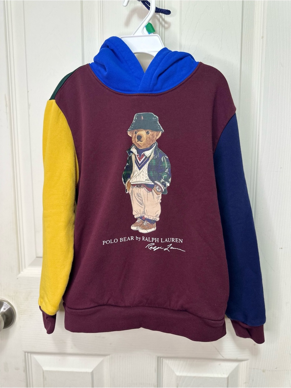 Polo Ralph Lauren Boys Polo Bear Colorblock Fleece Hoodie Size 7 Burgundy Blue